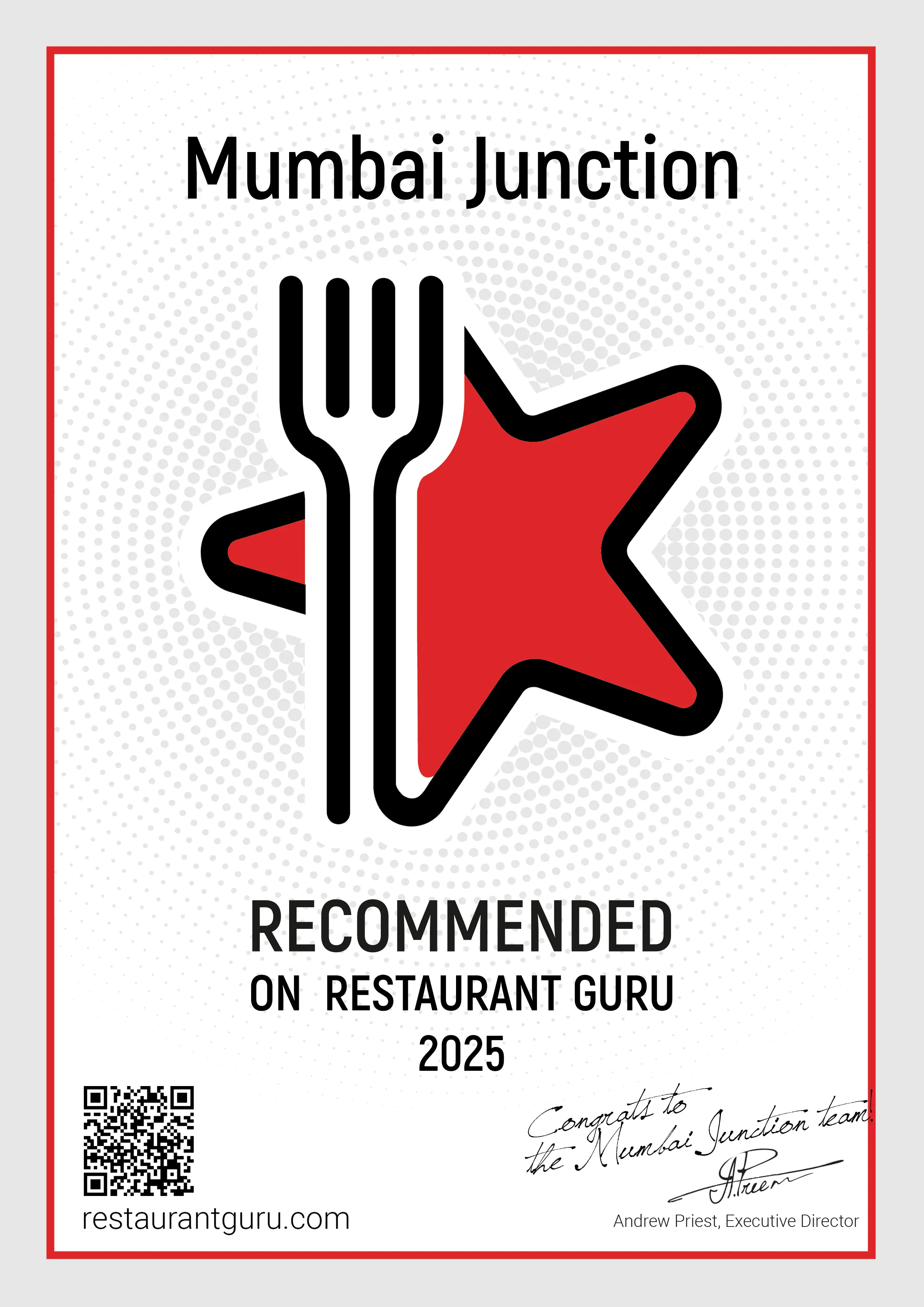 Mumbai Junction Restaurant Certificate and Awards